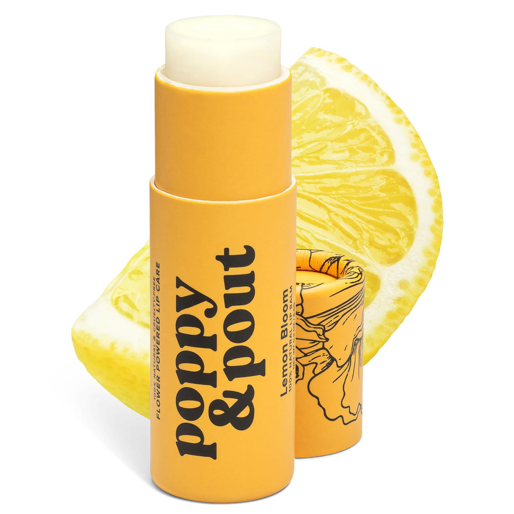 Poppy & Pout Lemon Bloom lip balm tube front view; recyclable packaging highlights sustainability.