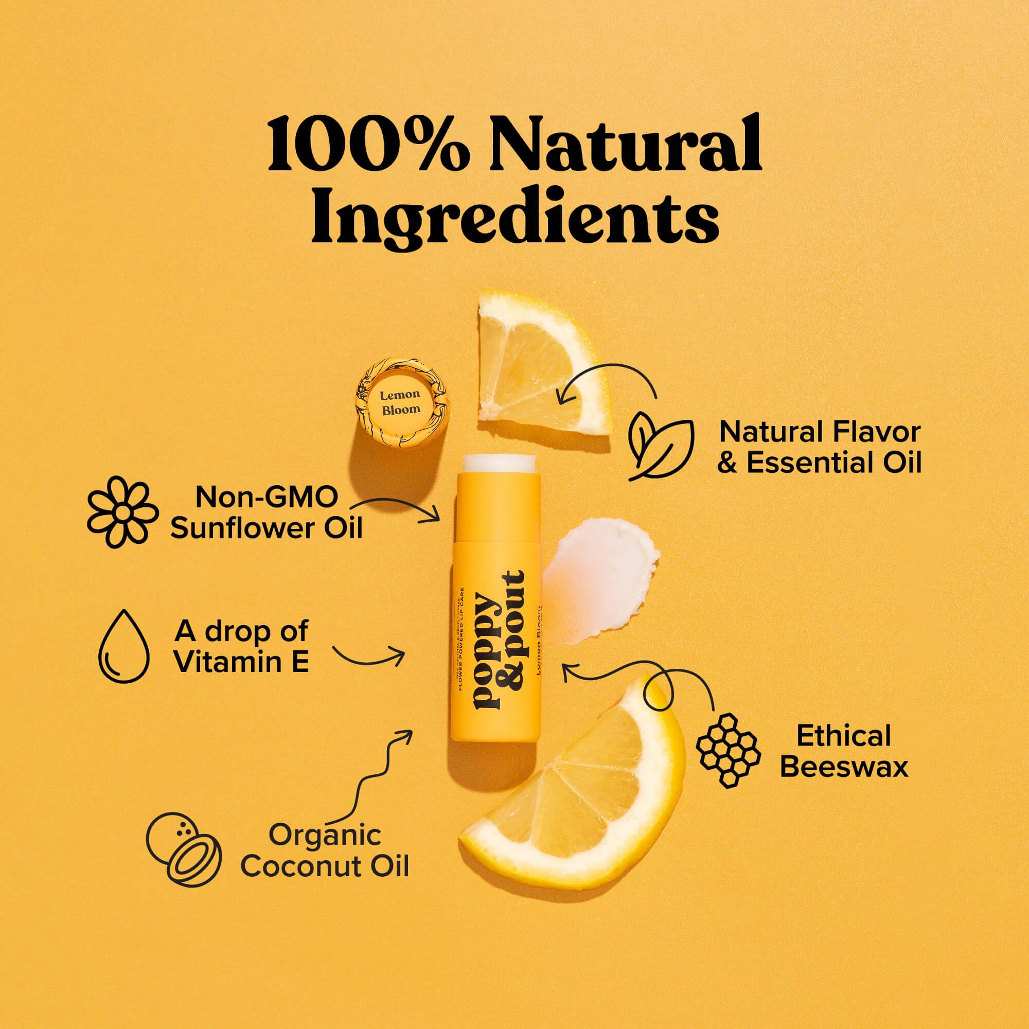 Lemon Bloom lip balm label visible, indicating natural ingredients for everyday lip care.