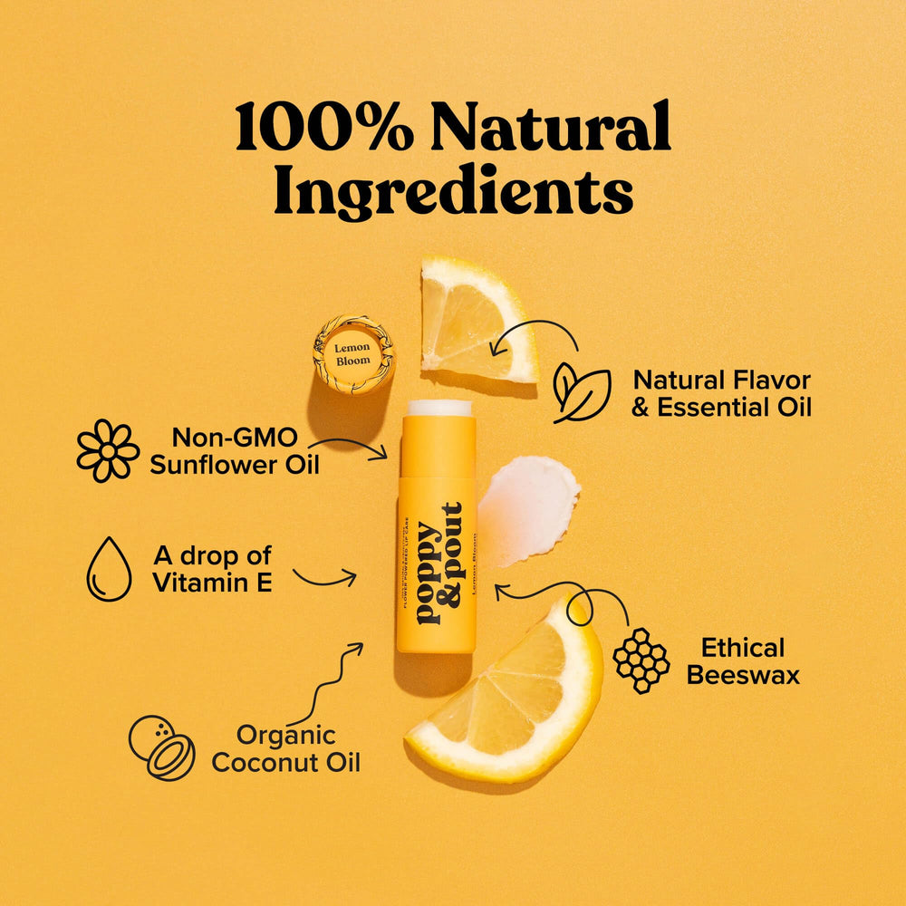Lemon Bloom lip balm label visible, indicating natural ingredients for everyday lip care.