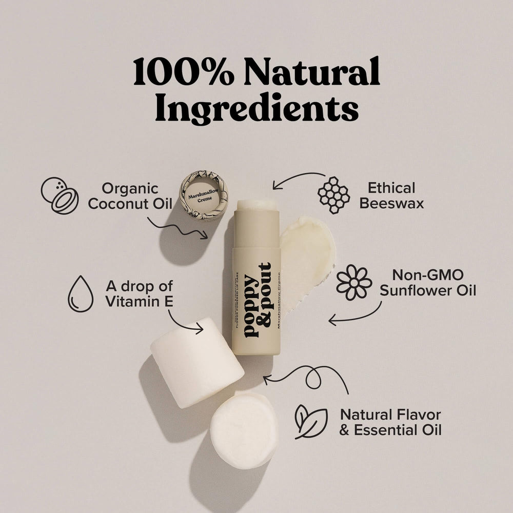 Opened tube of Poppy & Pout Marshmallow Creme Jumbo Lip Balm for smooth application.