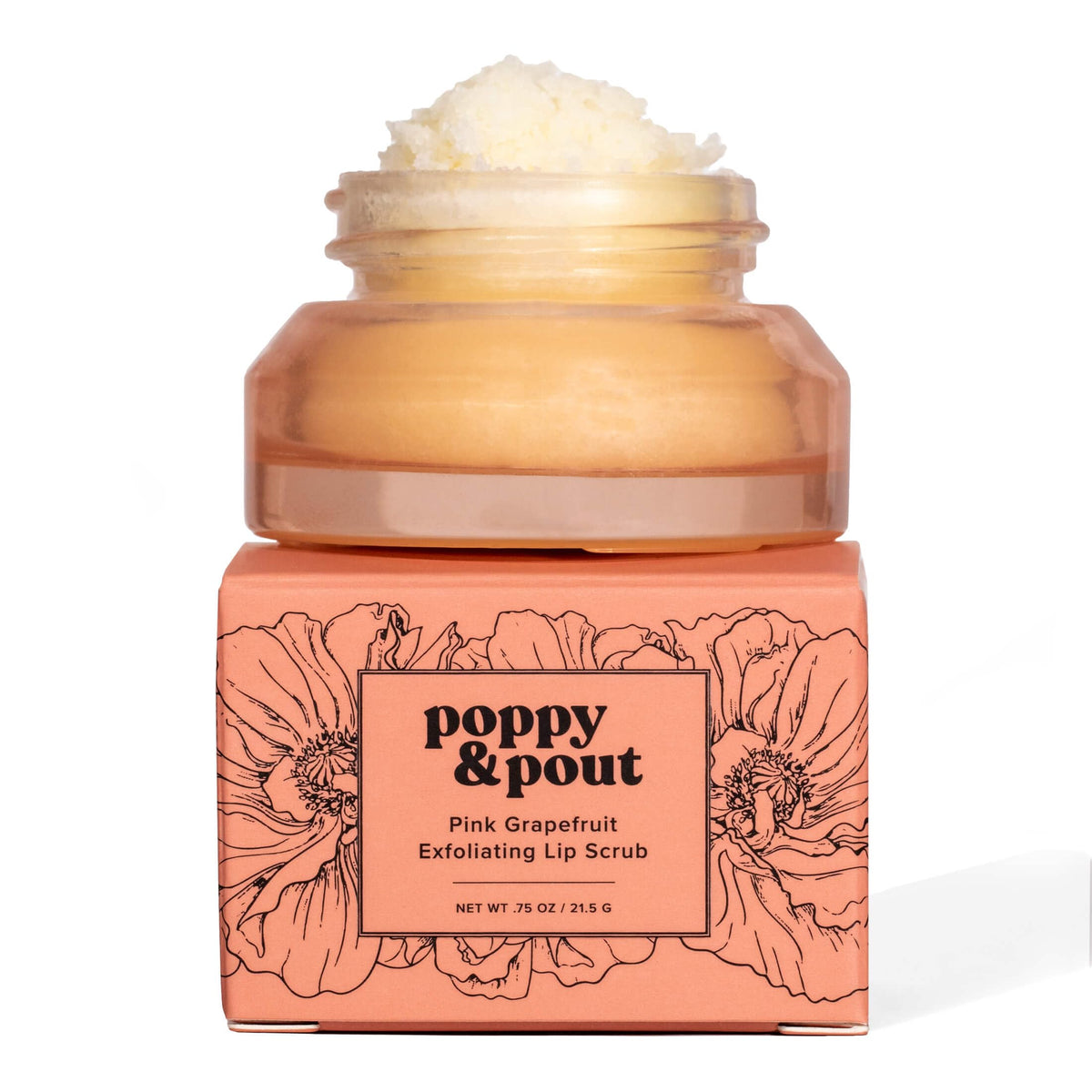 Poppy & Pout pink grapefruit lip scrub in a reusable glass jar for smooth lips