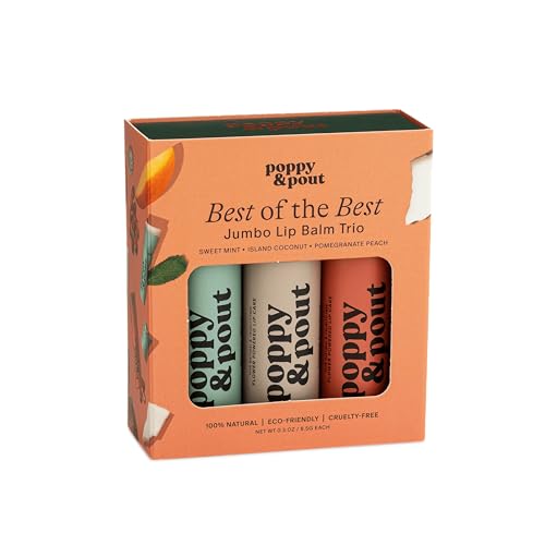 Poppy & Pout Pomegranate Peach lip balm with fruity moisture.