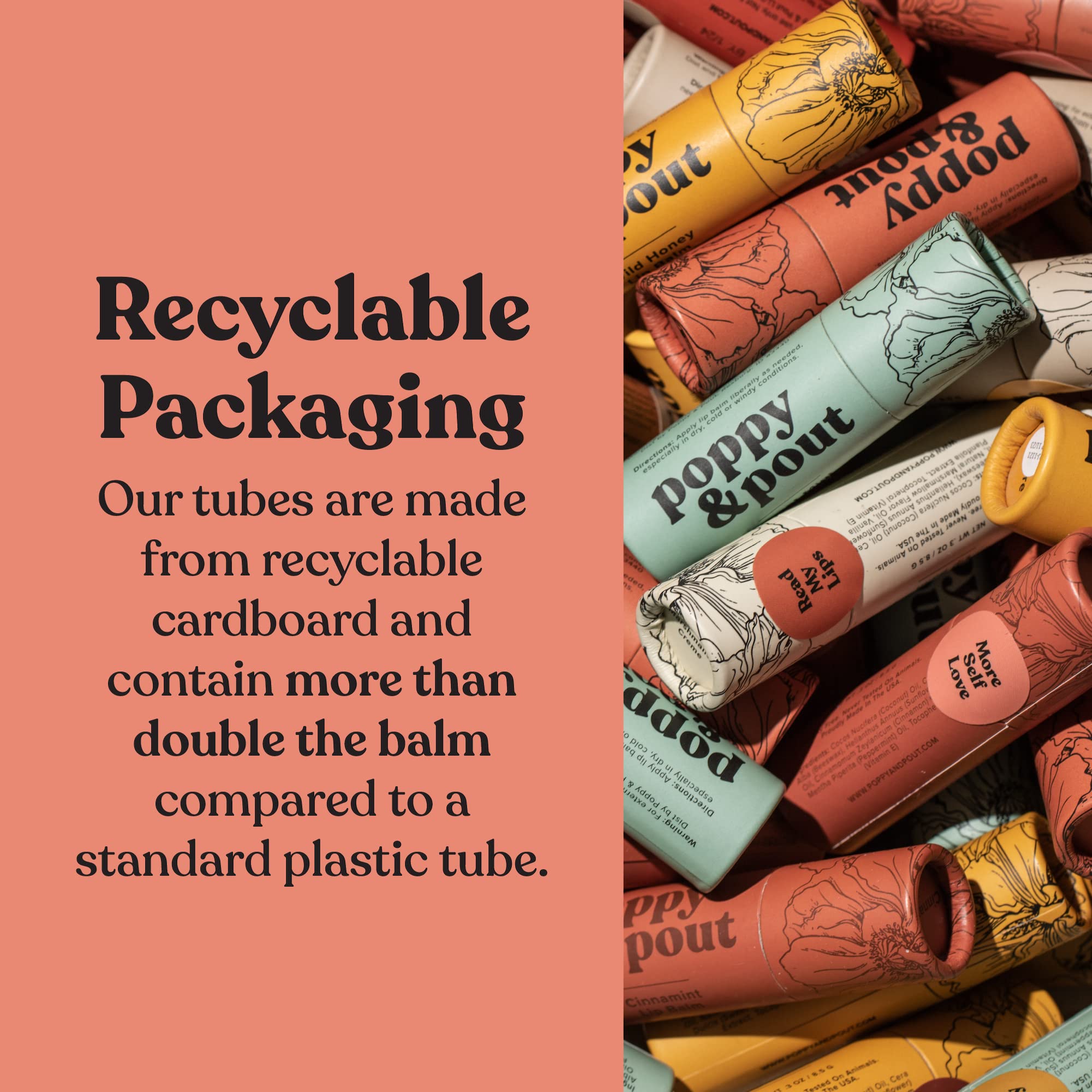 Poppy & Pout Recyclable cardboard tube highlights sustainable packaging.