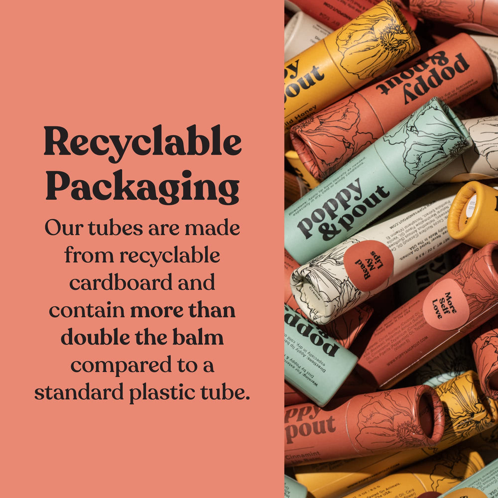 Poppy & Pout Recyclable cardboard tube highlights sustainable packaging.