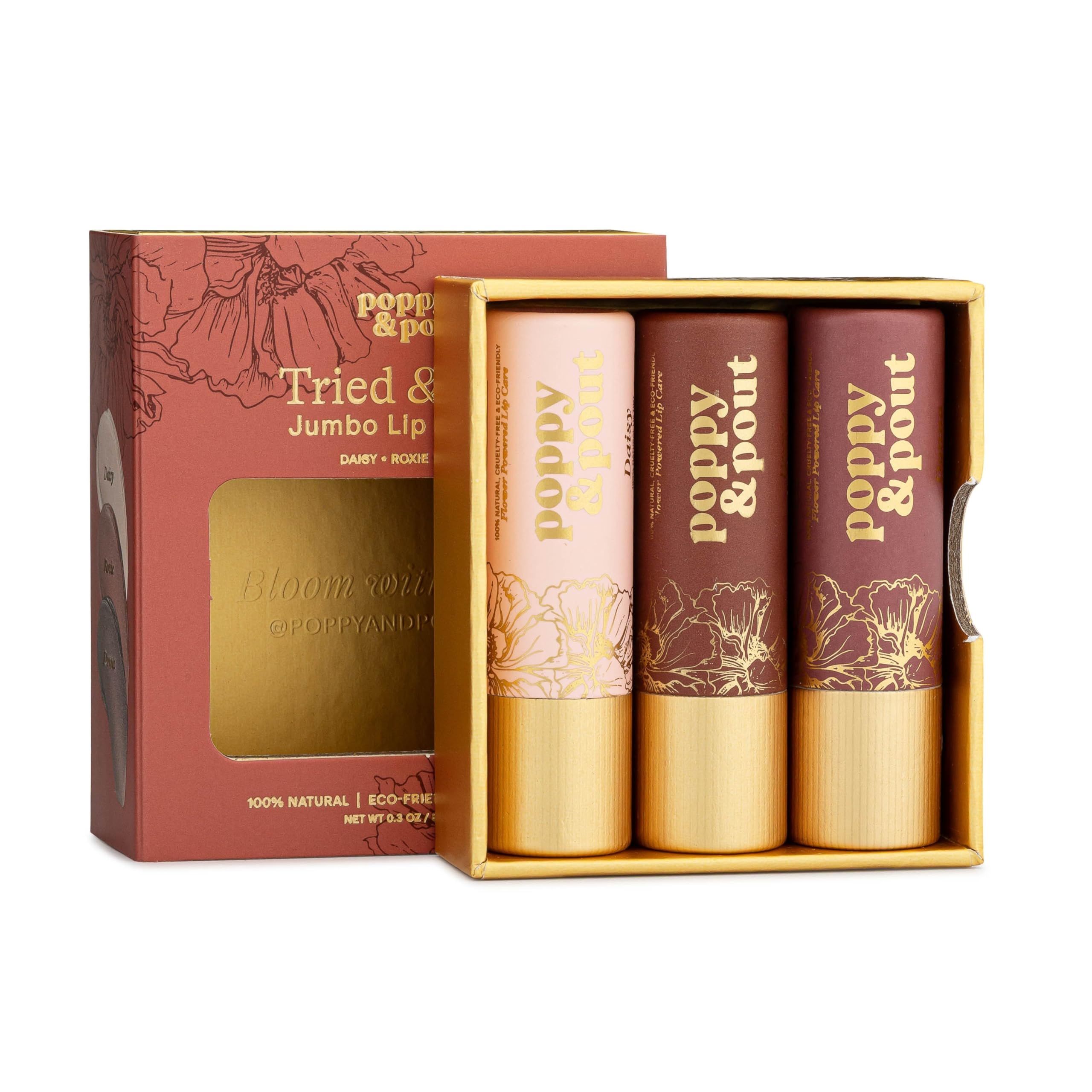 Poppy and Pout trio pack showing three lip tints for versatile everyday color.