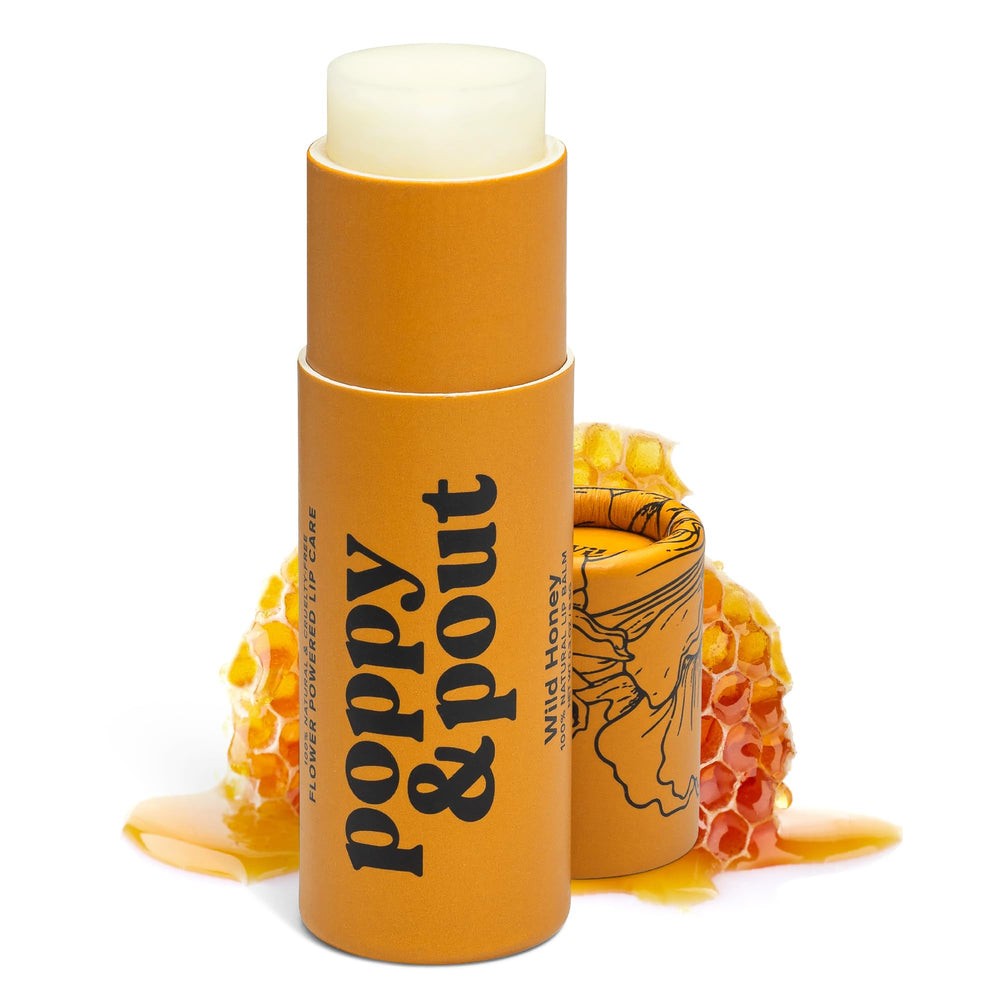Poppy and Pout Wild Honey lip balm tube with bright yellow packaging for hydration