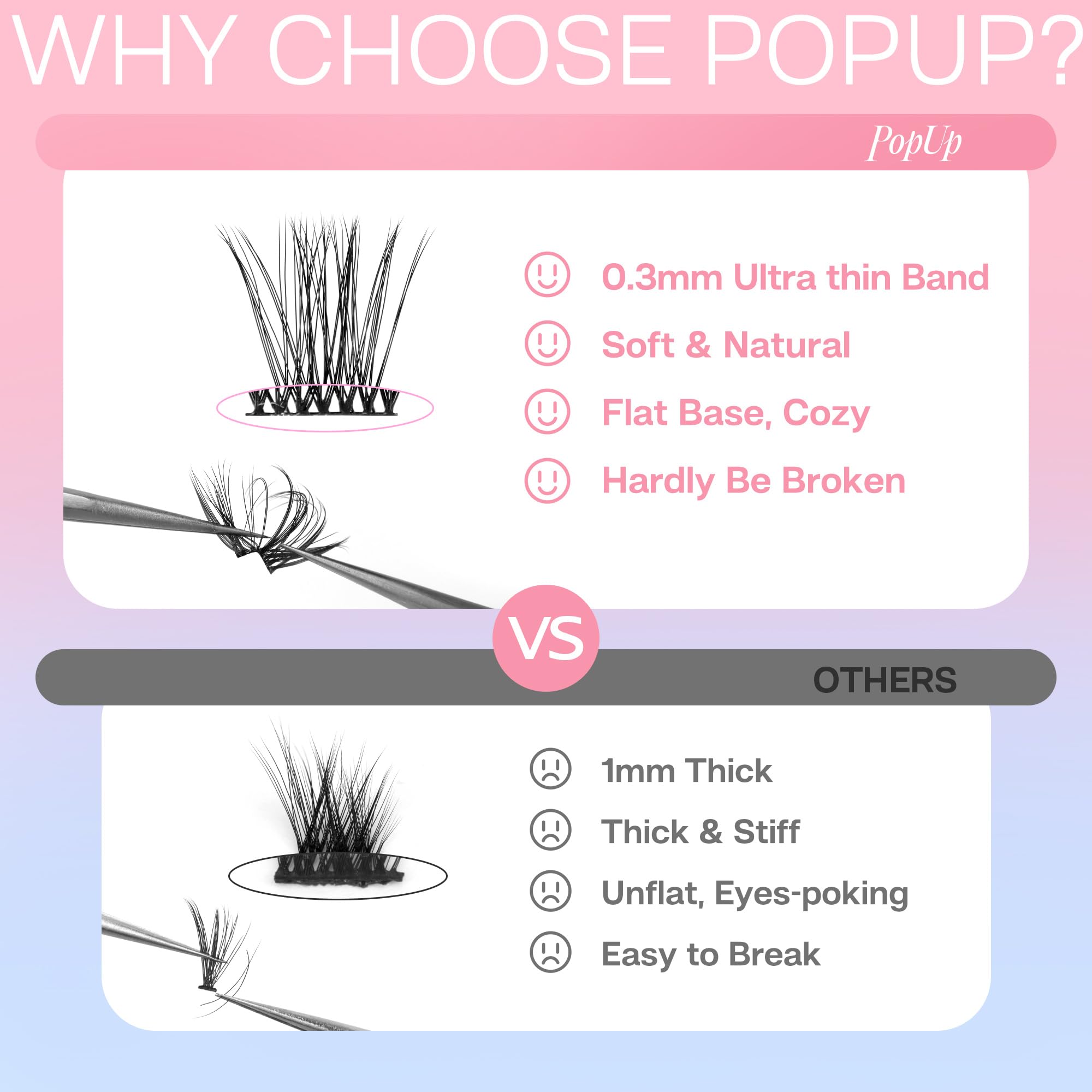 POPUP Lash Clusters soft-band comfort reduces poke on the lash line.