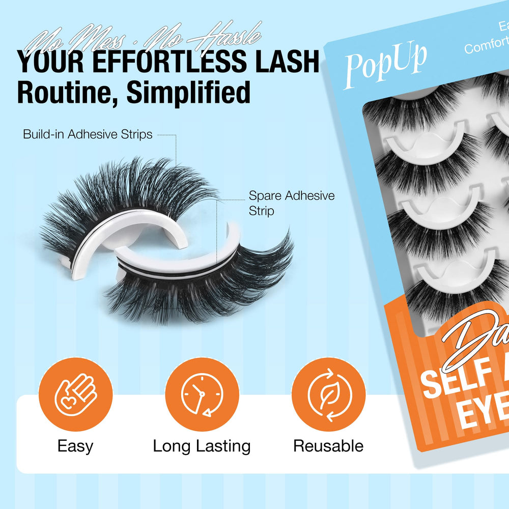 PopUp self-adhesive lashes closeup highlights seamless press-on application.
