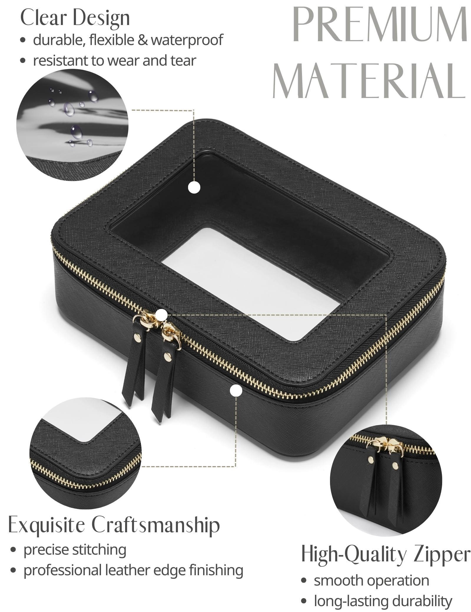 Popvibe clear makeup case material detail focusing on saffiano faux leather texture