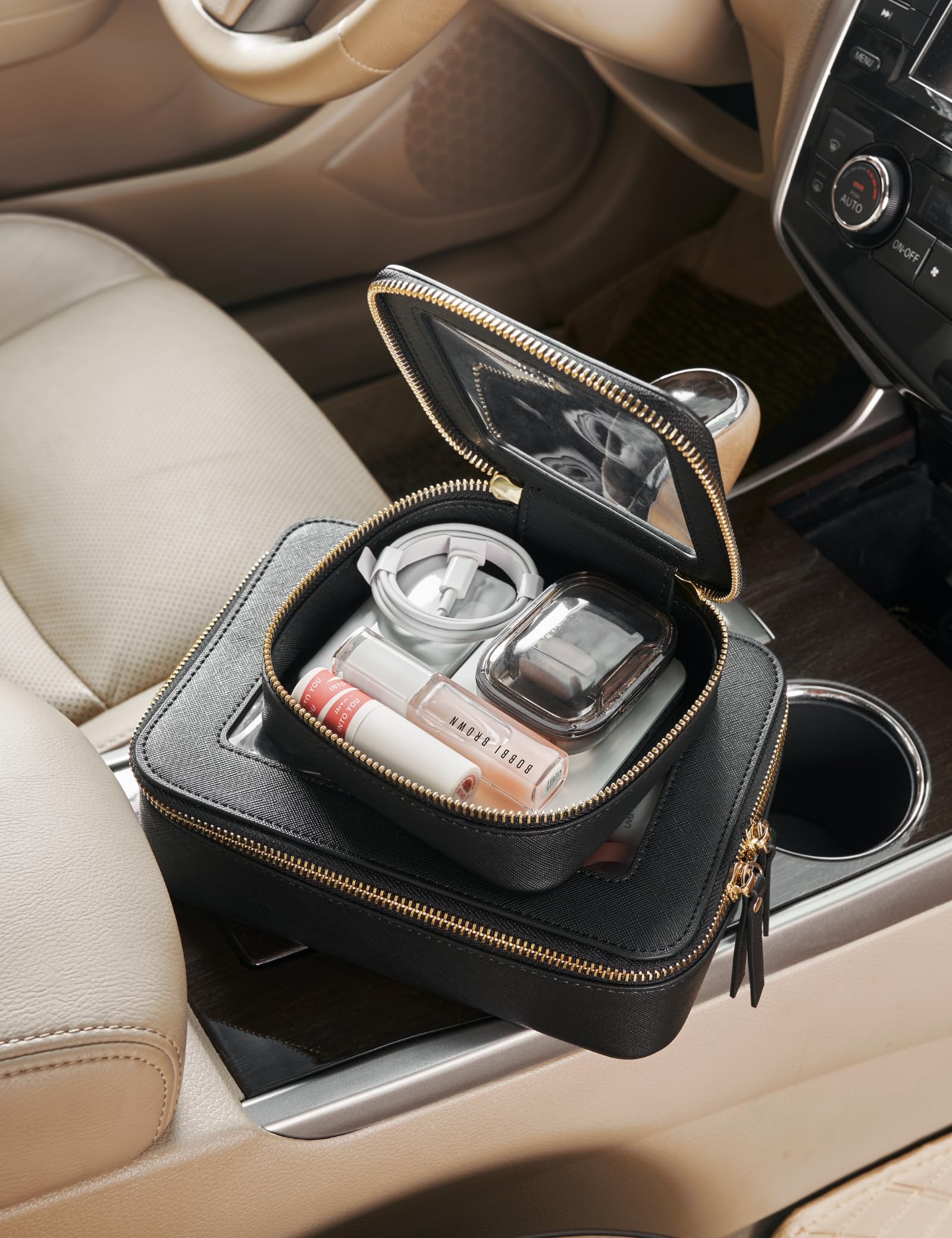 Popvibe clear makeup case open zip showing interior layout and organization