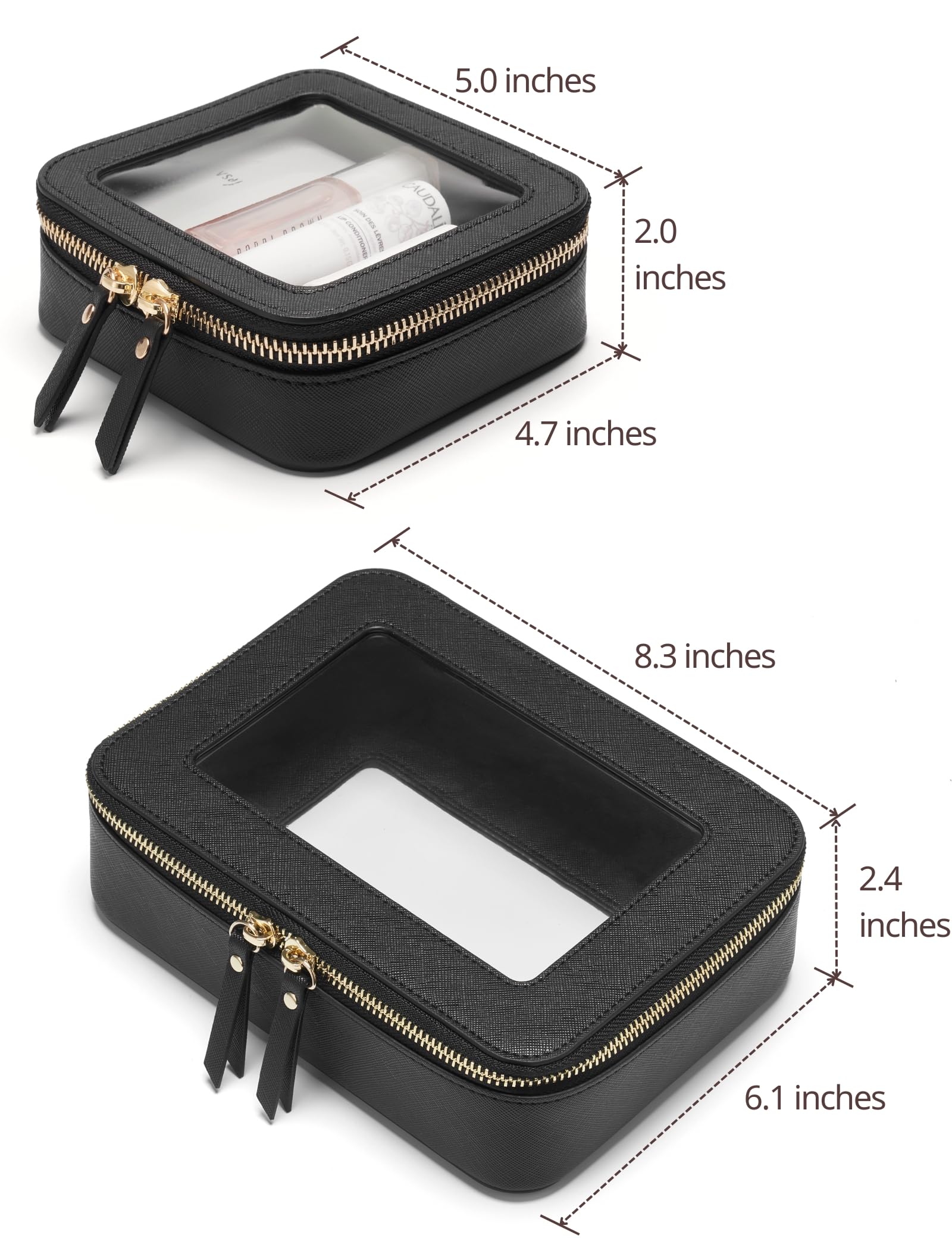 Popvibe clear makeup case side view highlighting slim profile and durable saffiano exterior