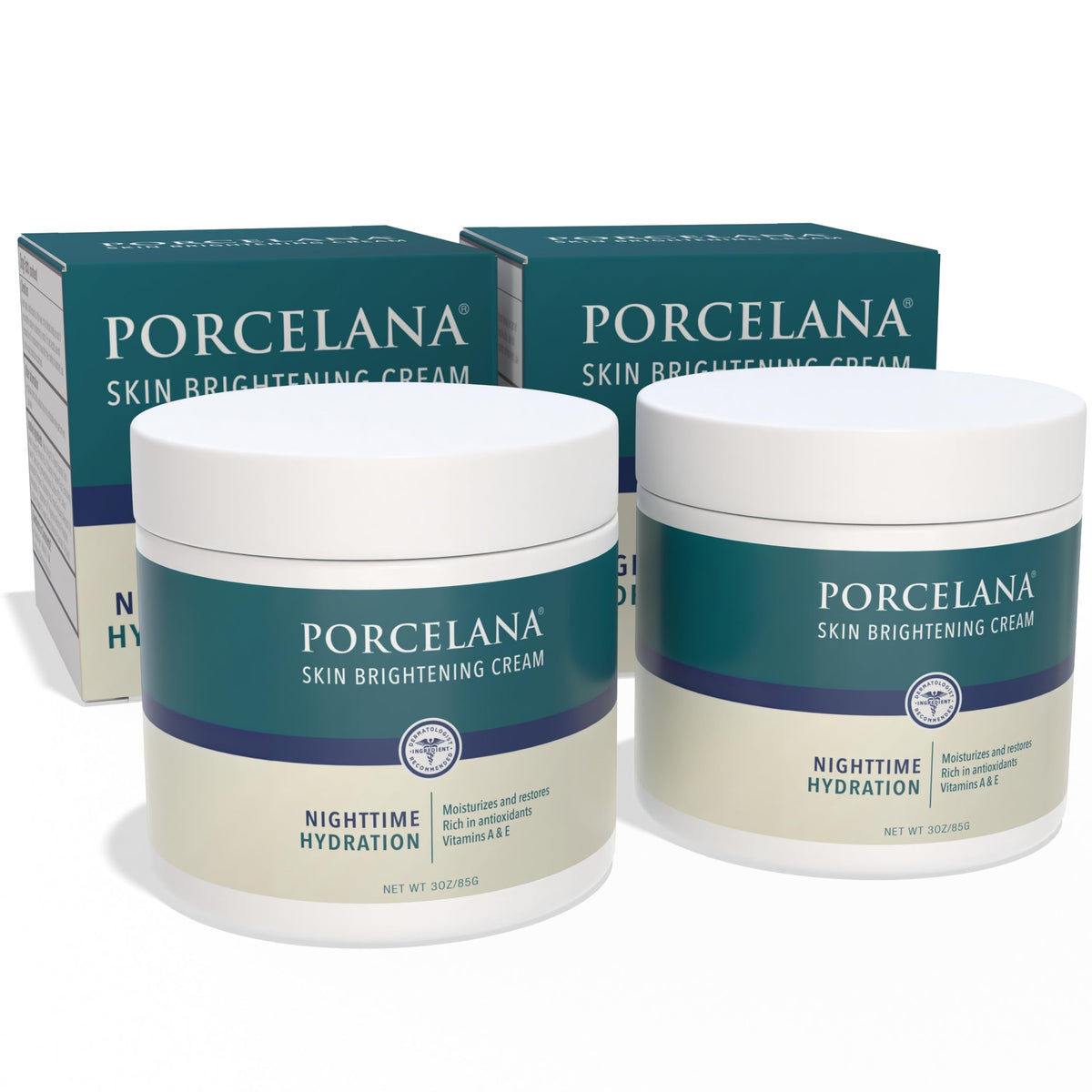 Porcelana Nighttime Cream packaging close-up highlighting the brightening formula