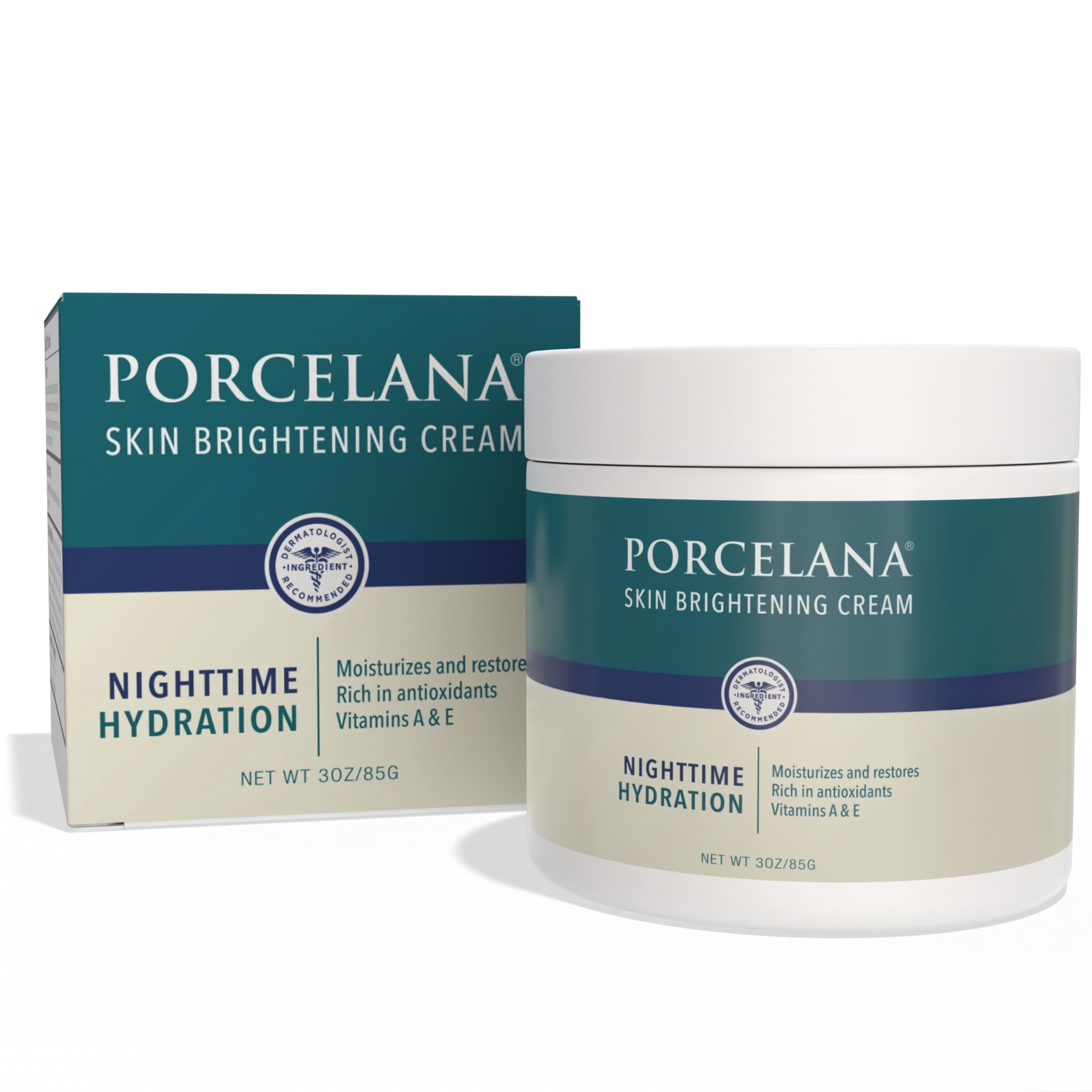 Porcelana Nighttime Hydration Cream tub close-up highlighting brightening effect