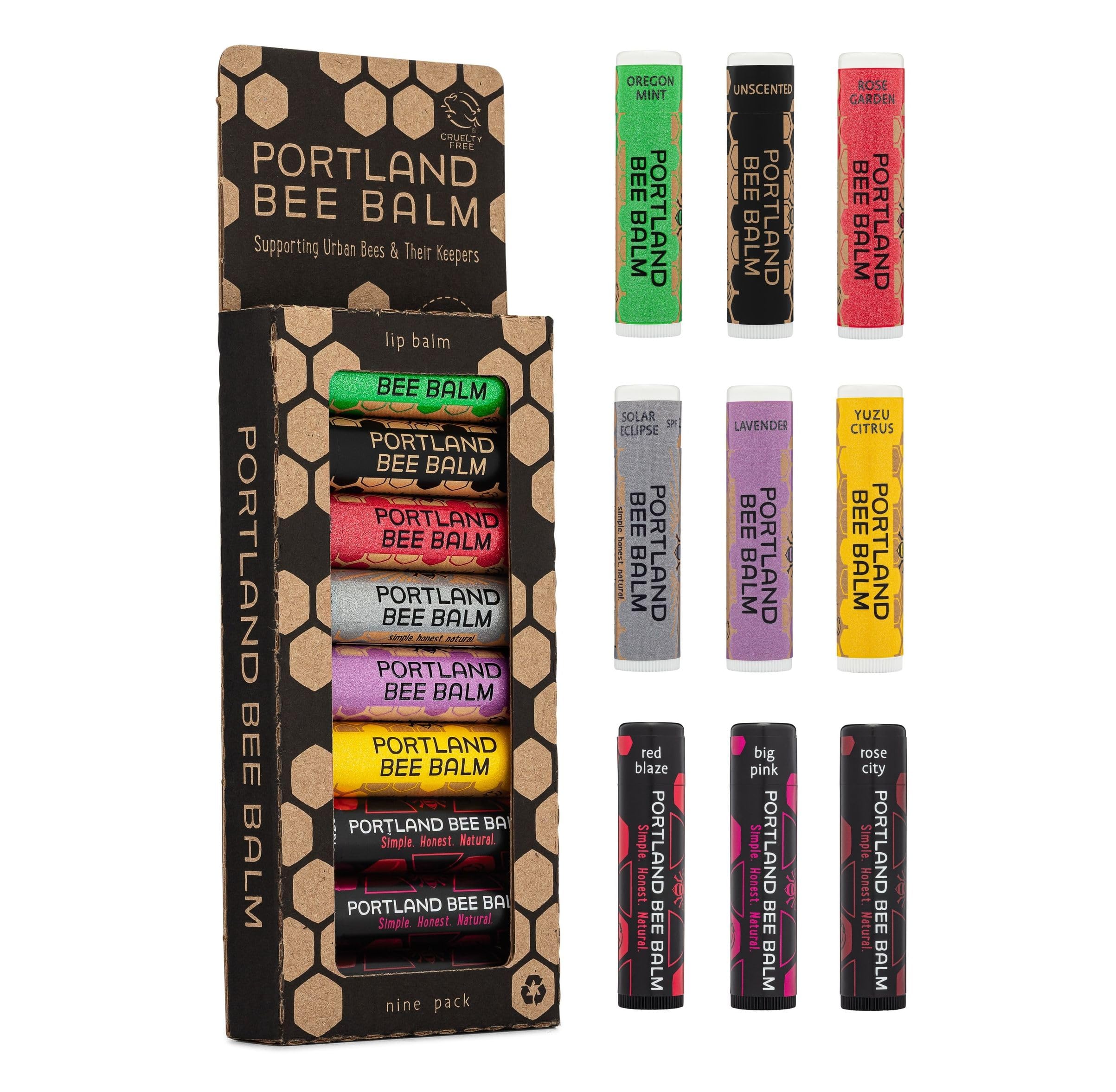 Portland Bee Balm lip balm collection display, nine natural tubes for versatile daily use.