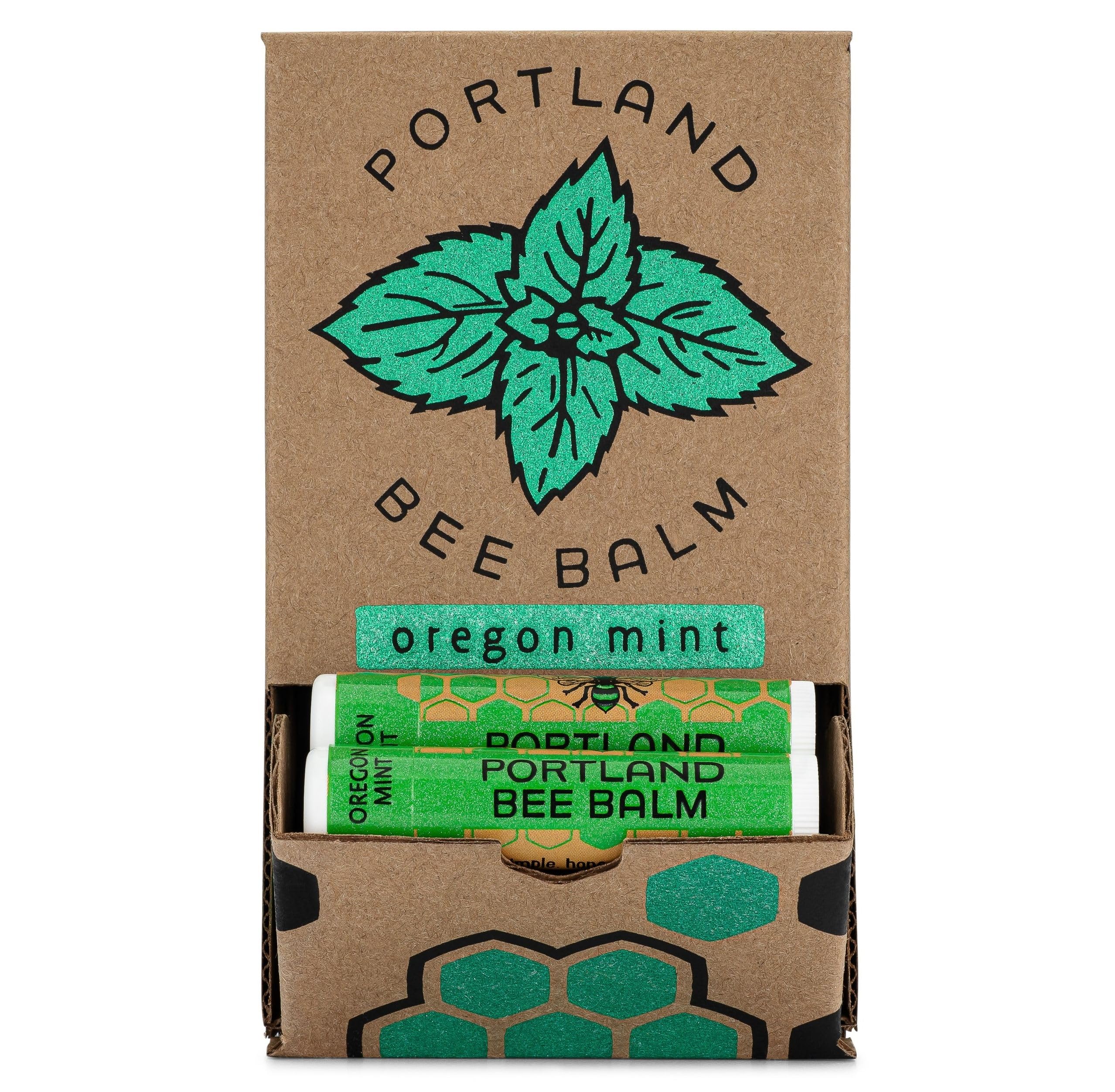 Portland Bee Balm Oregon Mint lip balm tube closeup showing natural moisturization for dry lips