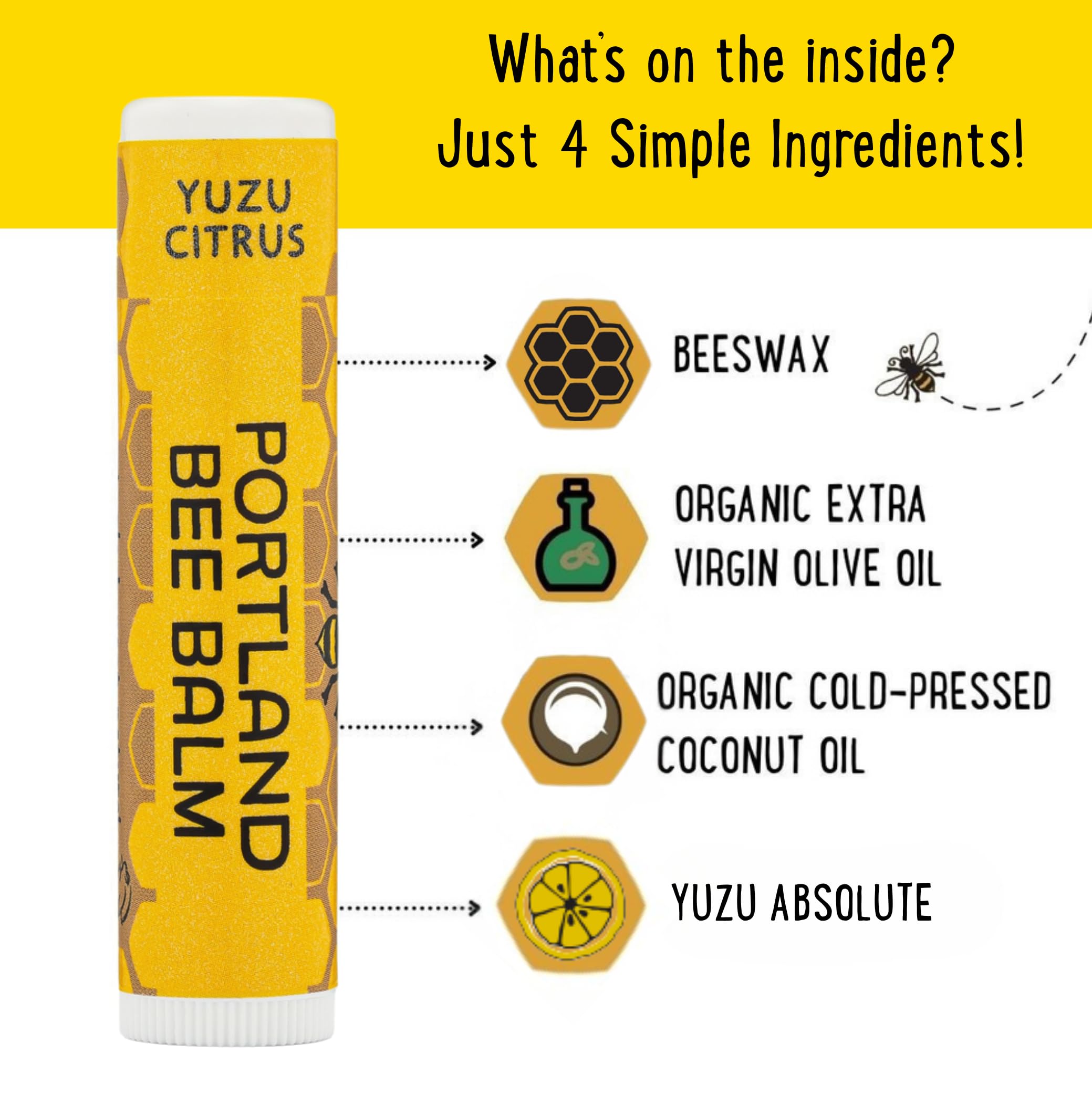 Portland Bee Balm Yuzu Citrus ingredients glass bottle close-up, featuring organic oils for moisture.
