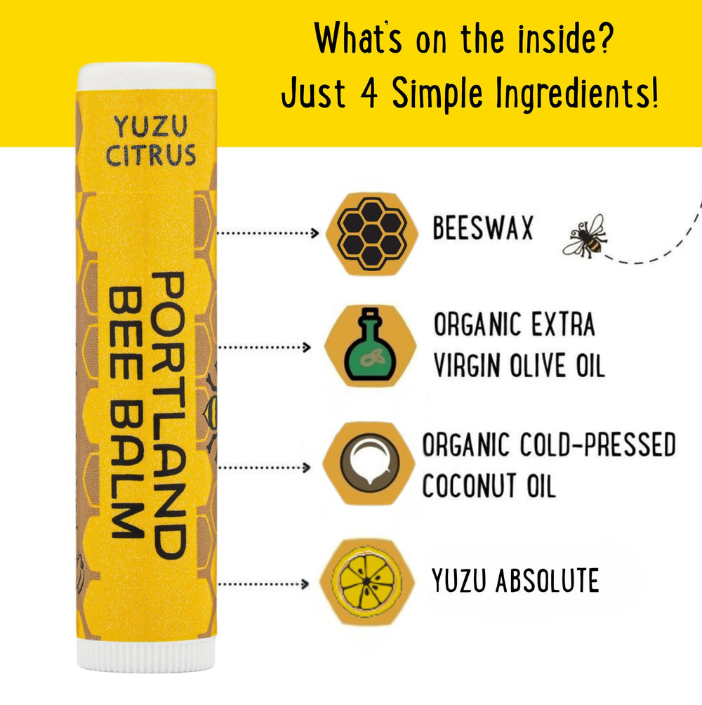Portland Bee Balm Yuzu Citrus ingredients glass bottle close-up, featuring organic oils for moisture.