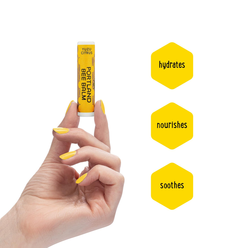 Portland Bee Balm Yuzu Citrus label detail, simple natural ingredients support gentle care.