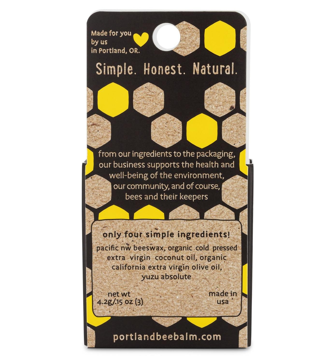 Portland Bee Balm Yuzu Citrus packaging side, cruelty-free lip care branding.