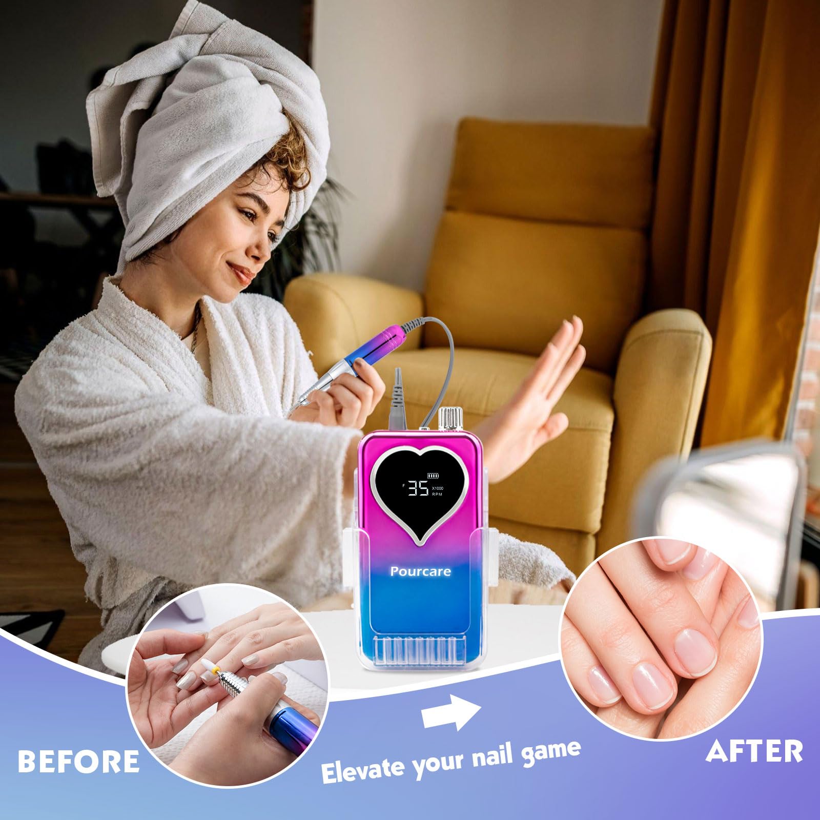 Pourcare nail drill 35000rpm cordless setup for quick at-home maintenance.