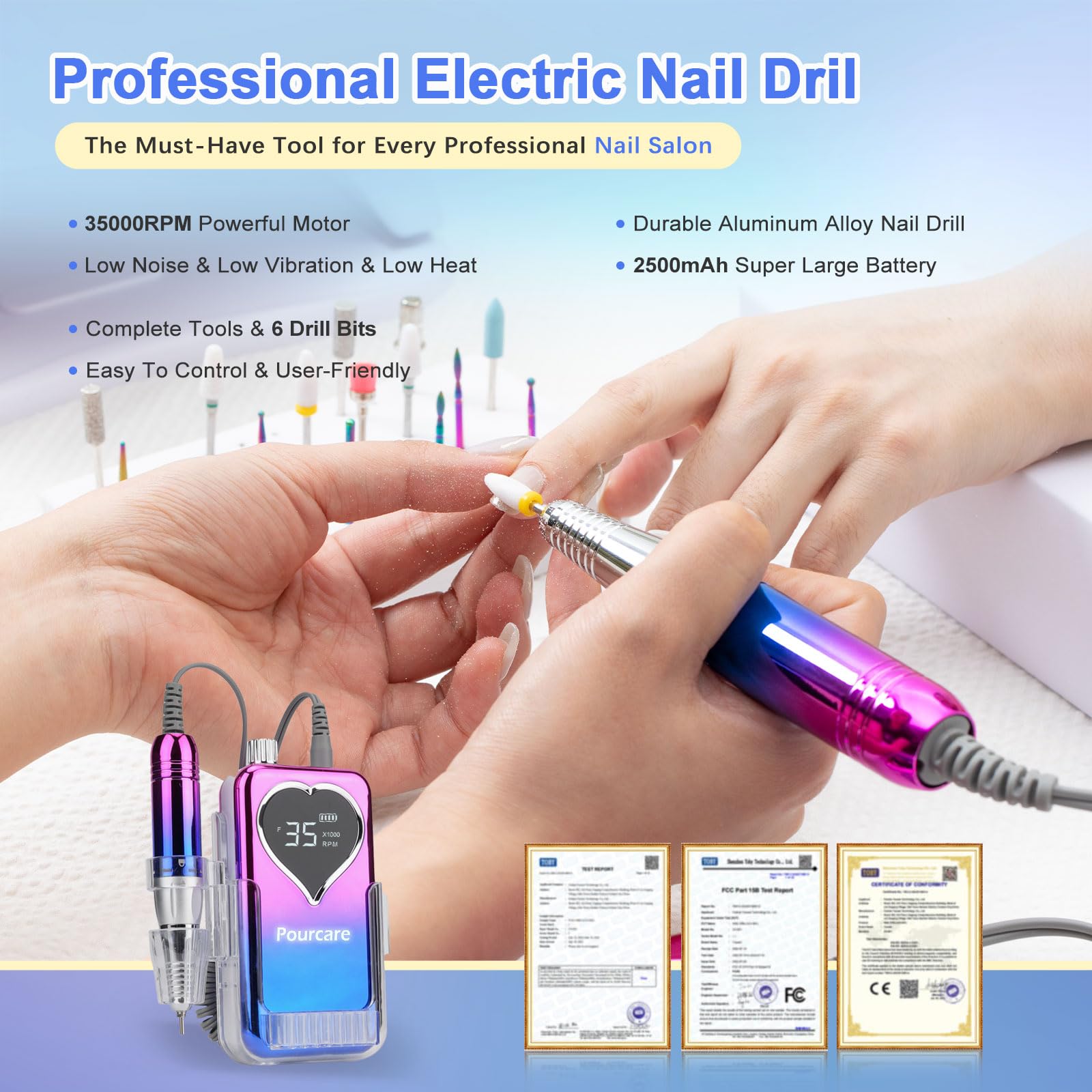 Pourcare nail drill quiet operation supports late-night, undisturbed routines.
