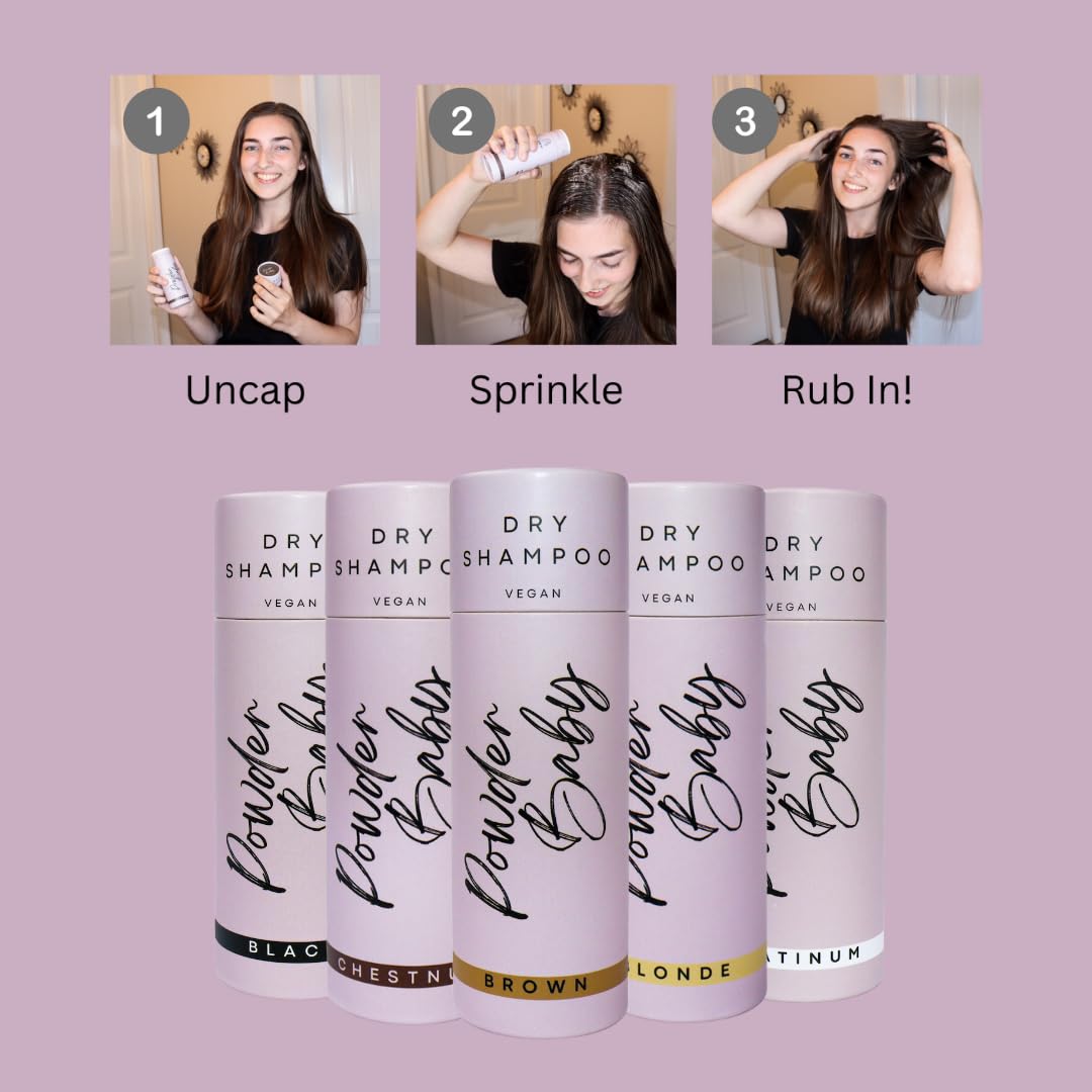 Powder Baby dry shampoo bottle on brown hair look for natural finish.