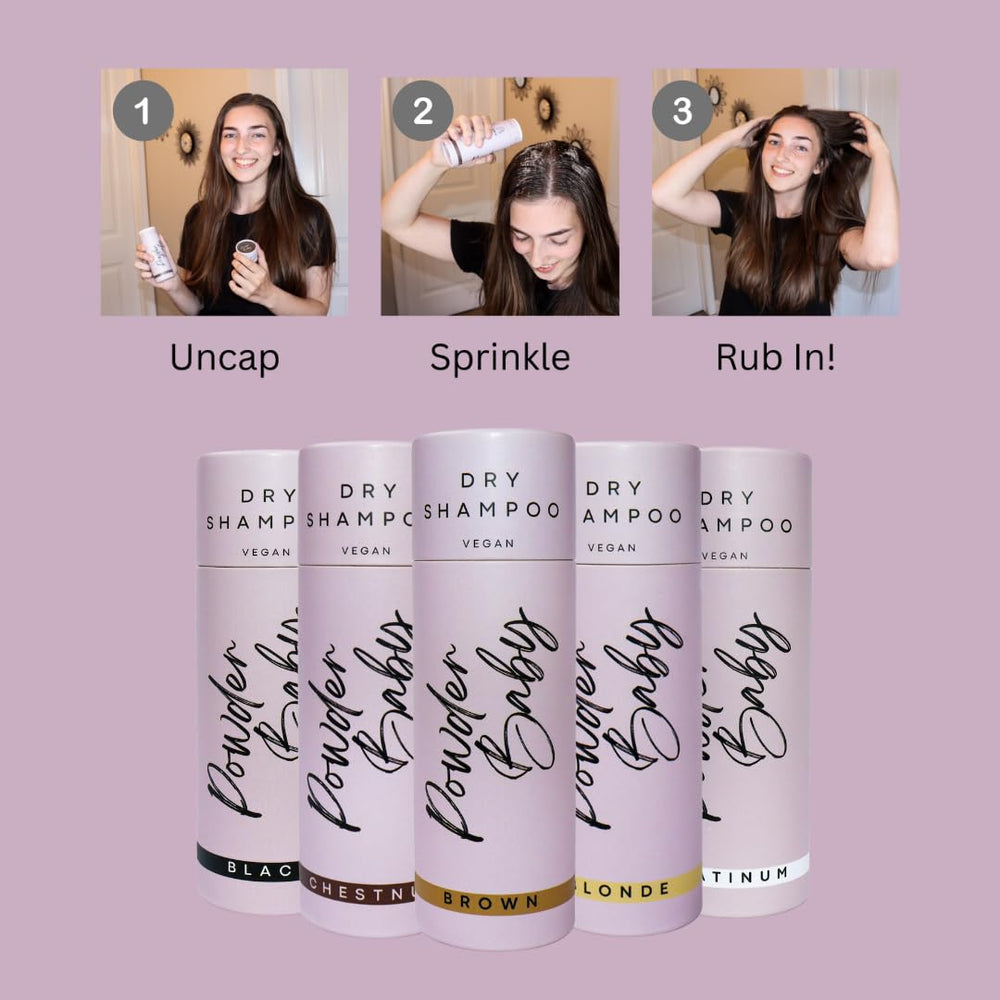 Powder Baby dry shampoo bottle on brown hair look for natural finish.