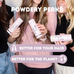 Powder Baby dry shampoo texture closeup reveals smooth, residue-free powder.