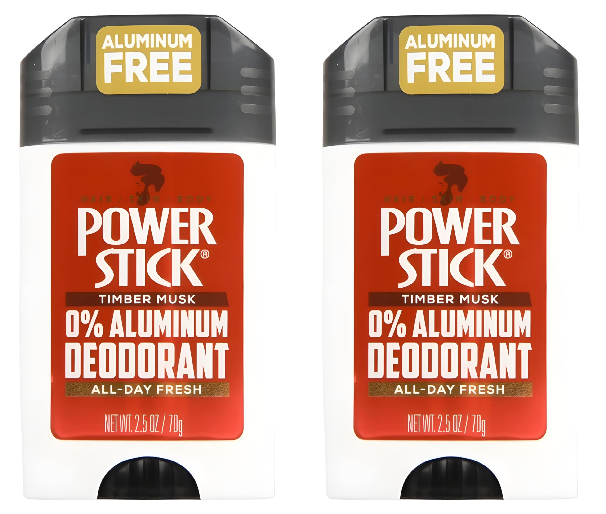 Power Stick aluminum-free logo close-up communicates clean ingredients claim.