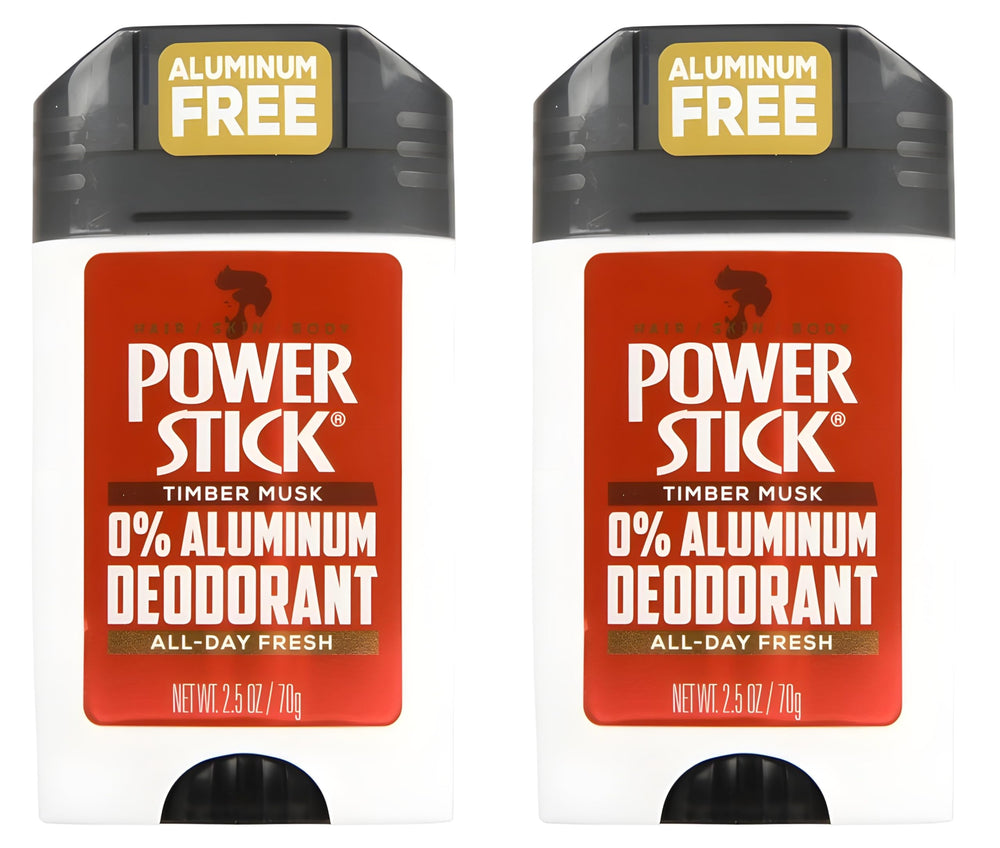 Power Stick aluminum-free logo close-up communicates clean ingredients claim.