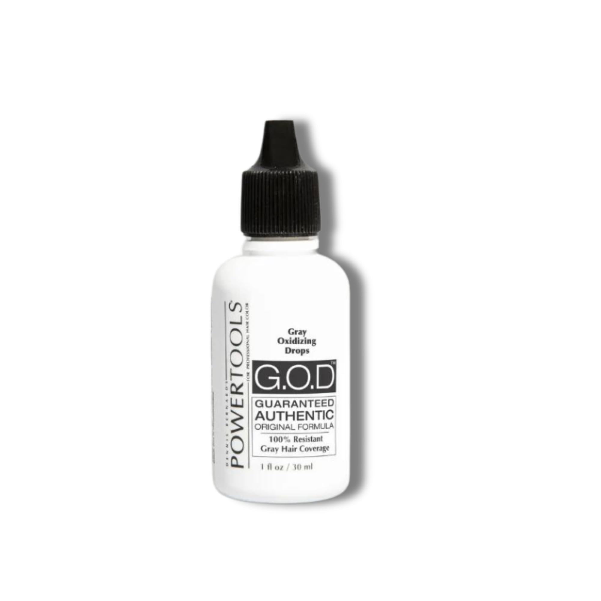 POWERTOOLS Gray Oxidizing Drops bottle close-up demonstrates a premium formula for blending resistant gray