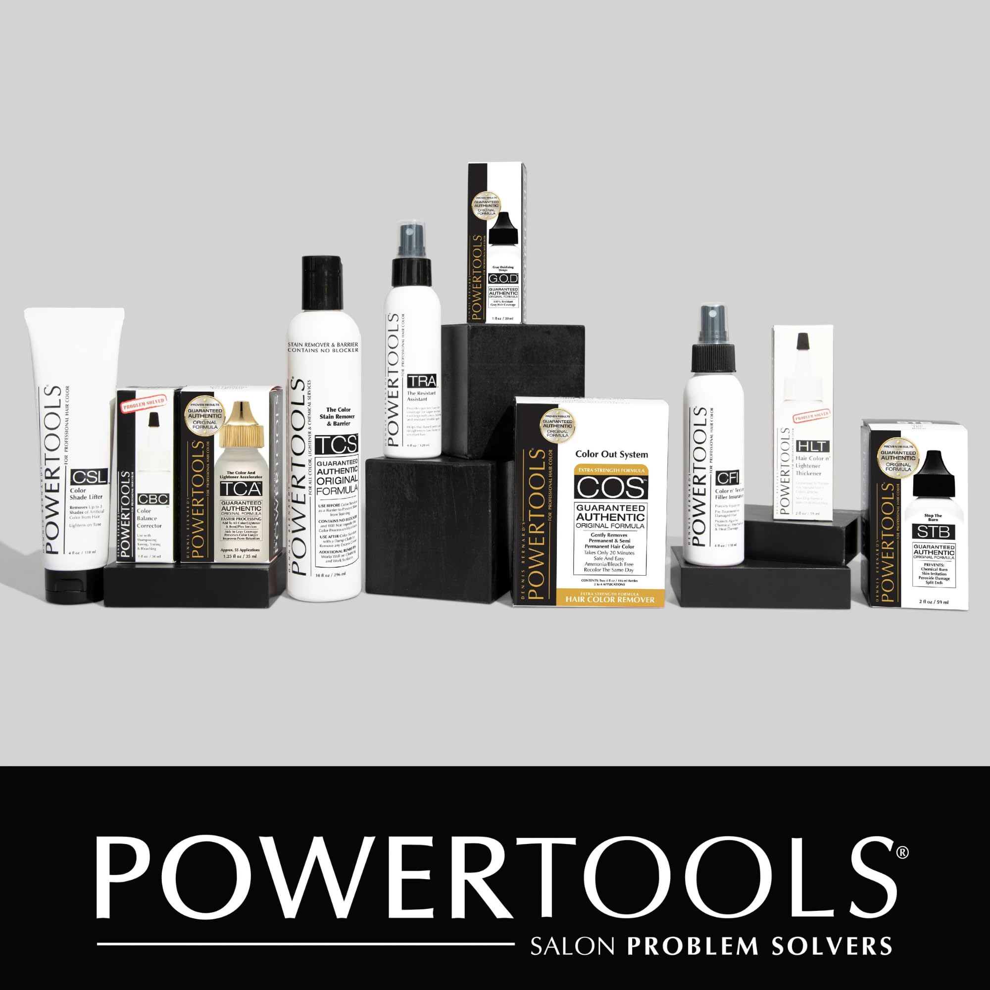 POWERTOOLS brand logo and bottle branding signals a trusted cosmetic solution