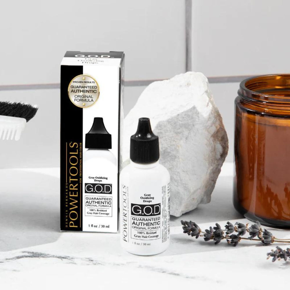POWERTOOLS Gray Oxidizing Drops pour action shows precise application for targeted shade