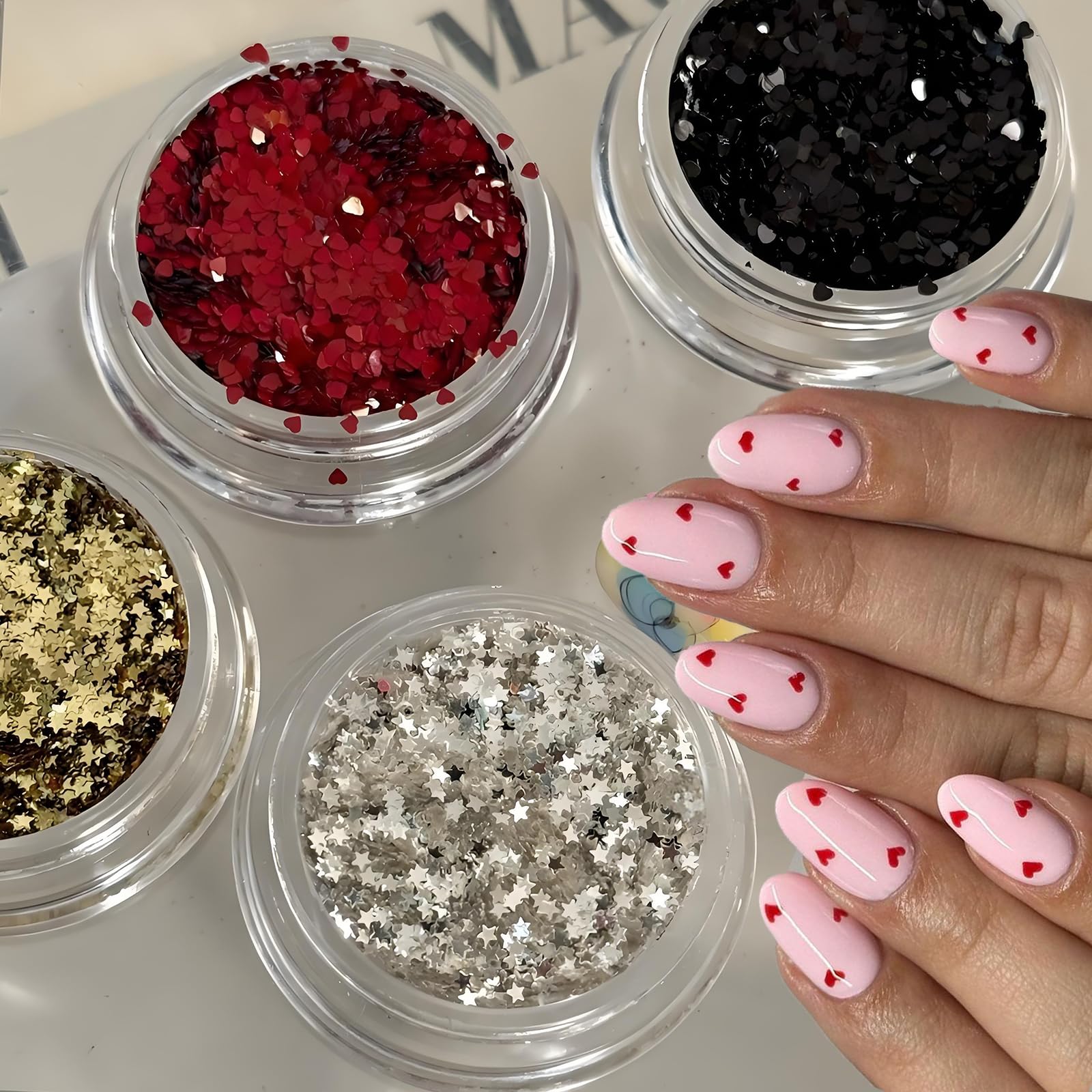 PowPop holographic heart decals add shimmering accents to any nail polish finish.