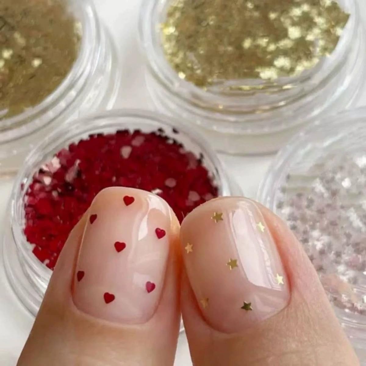 PowPop mini heart nail art glitter sequin set with heart and star shapes for dazzling manicures.