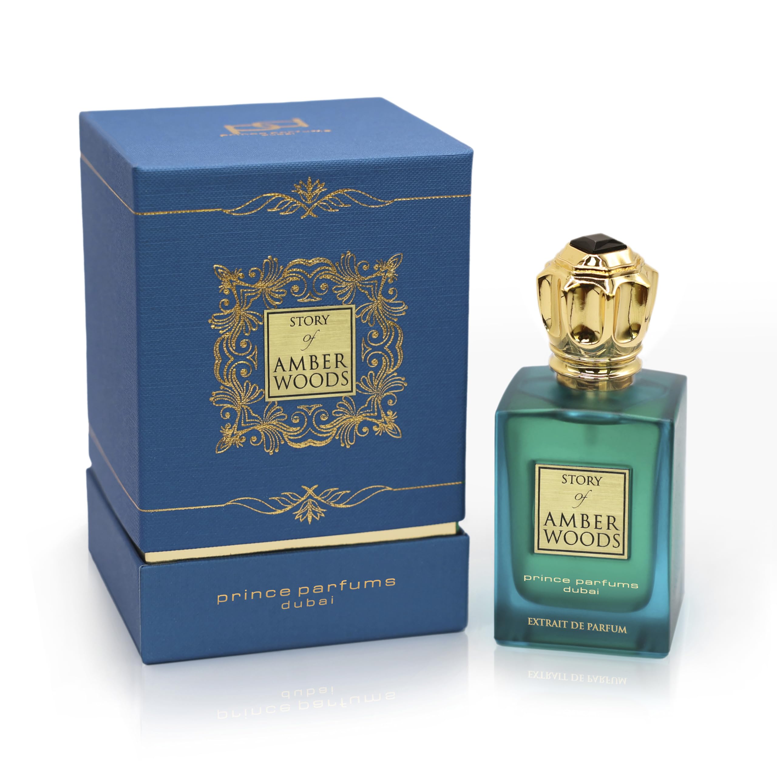 Prince Parfums Dubai Amber Woods bottle closeup highlighting warm amber and cedar notes for evening wear.