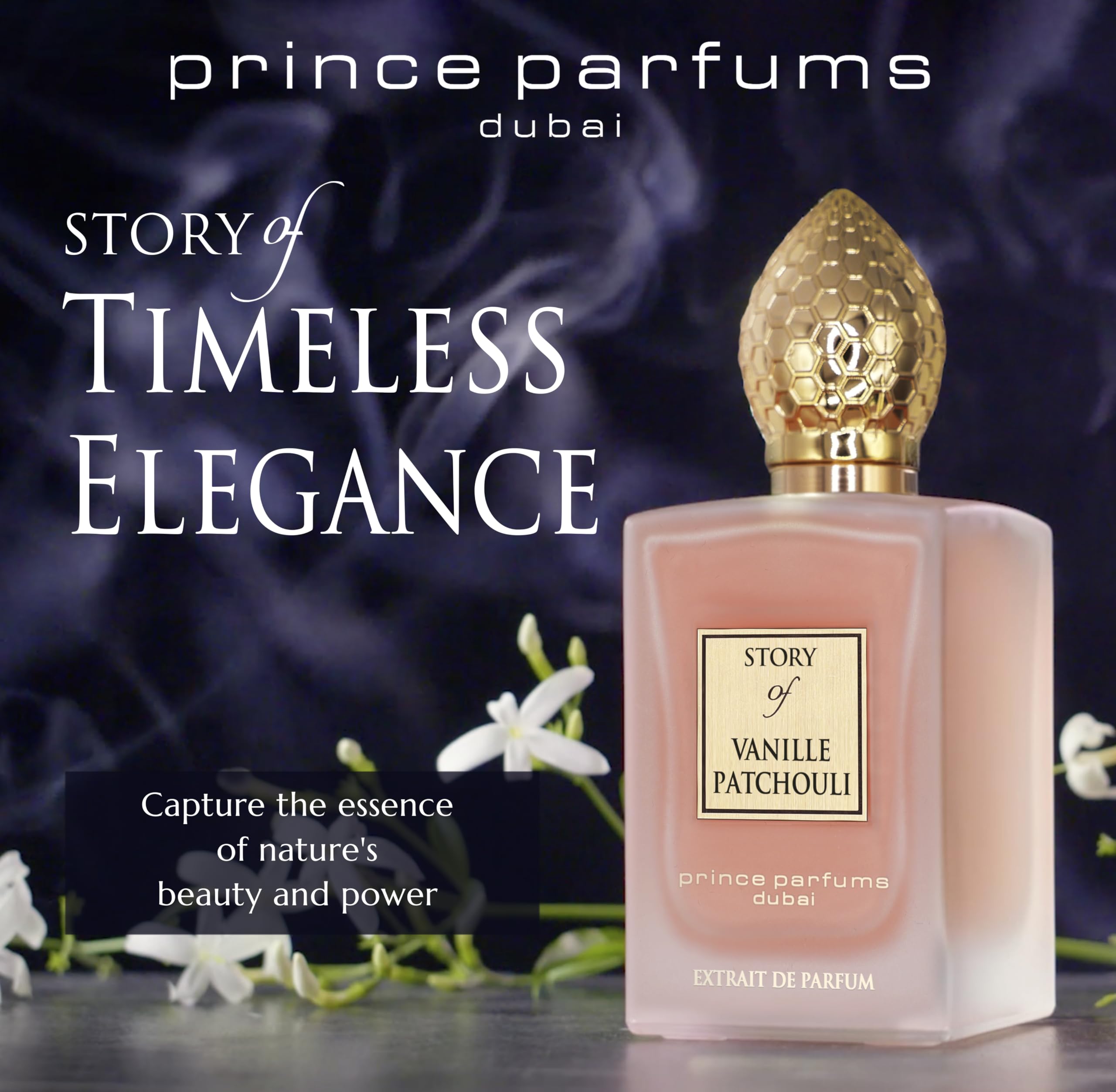 Prince Parfums Dubai Story of Vanille Patchouli cap close-up showing premium design