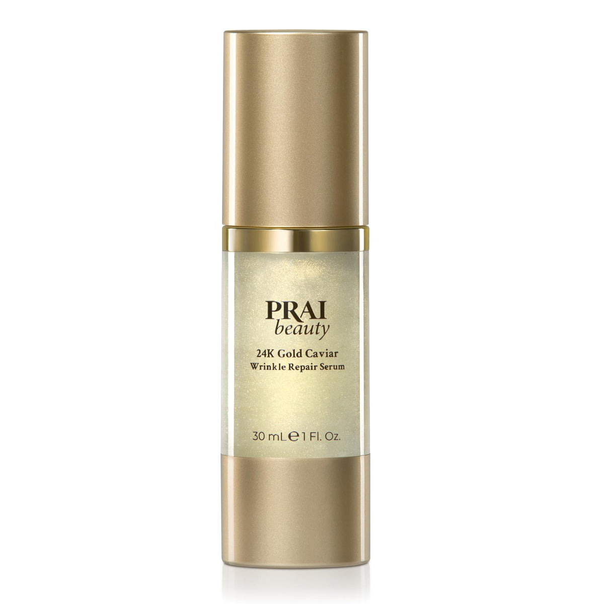PRAI Beauty 24K Gold Caviar Serum bottle showcasing premium anti-aging care.