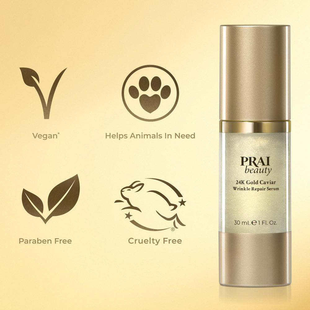 PRAI Beauty 24K Gold Caviar Serum on skin for brightened, even tone.