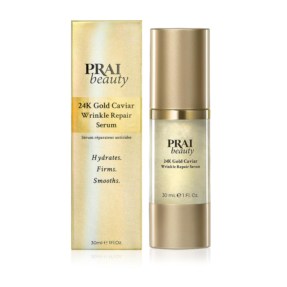 PRAI Beauty 24K Gold Caviar Serum dropper for precise daily application.