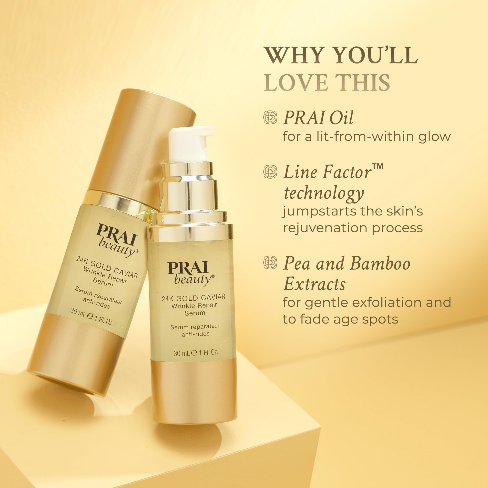PRAI Beauty 24K Gold Caviar Serum with hyaluronic acid for lasting moisture.