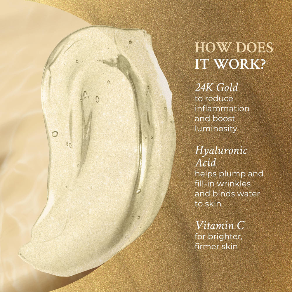 PRAI Beauty 24K Gold Caviar Serum texture with golden flecks signaling luxurious hydration.