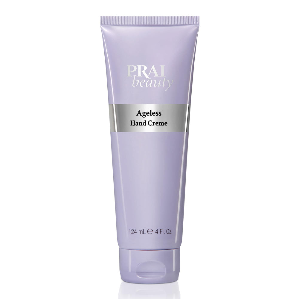 PRAI Beauty Ageless Hand Cream bottle pump showing hydration for dry hands