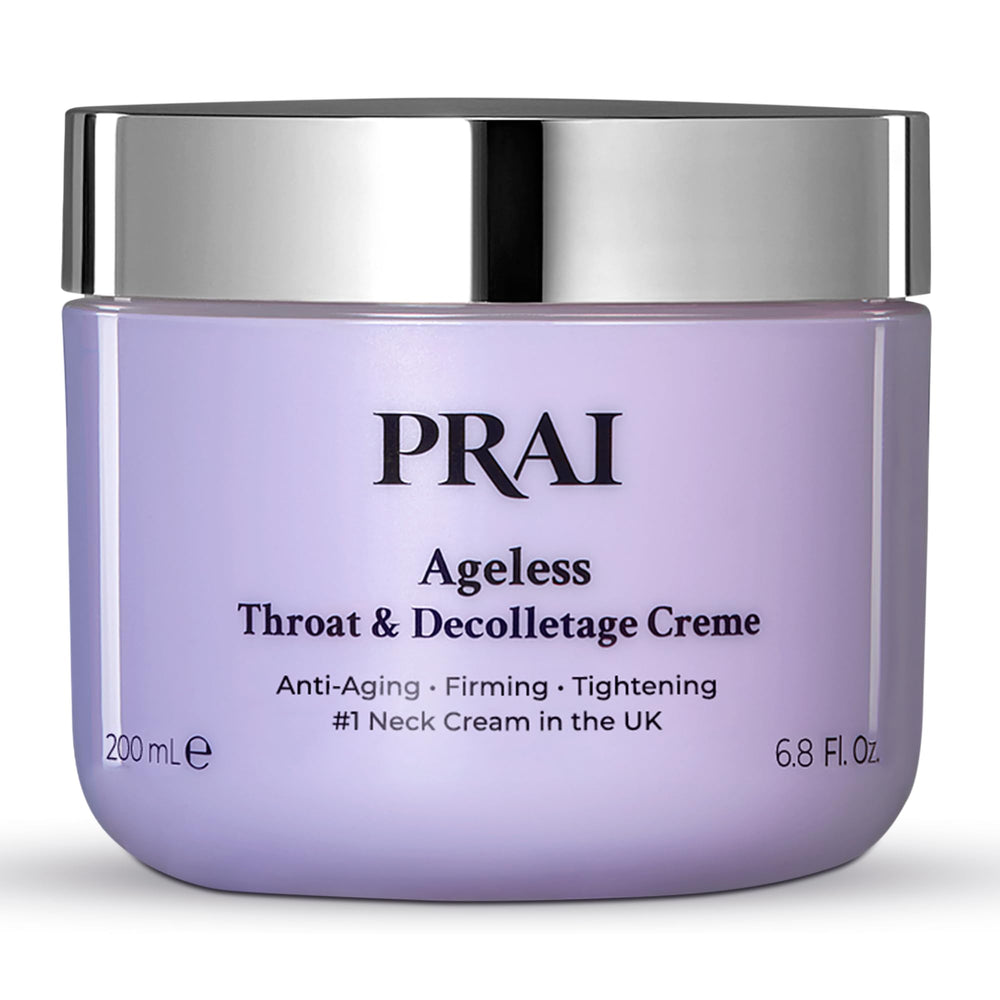 PRAI Beauty Ageless Throat & Décolletage bottle pouring lifting cream.