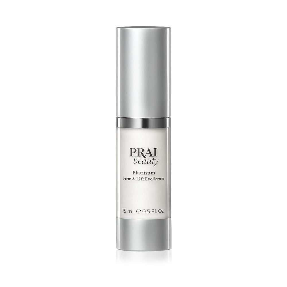 PRAI Beauty Platinum Firm and Lift Eye Serum applying demonstrates smooth, hydrating under-eye care