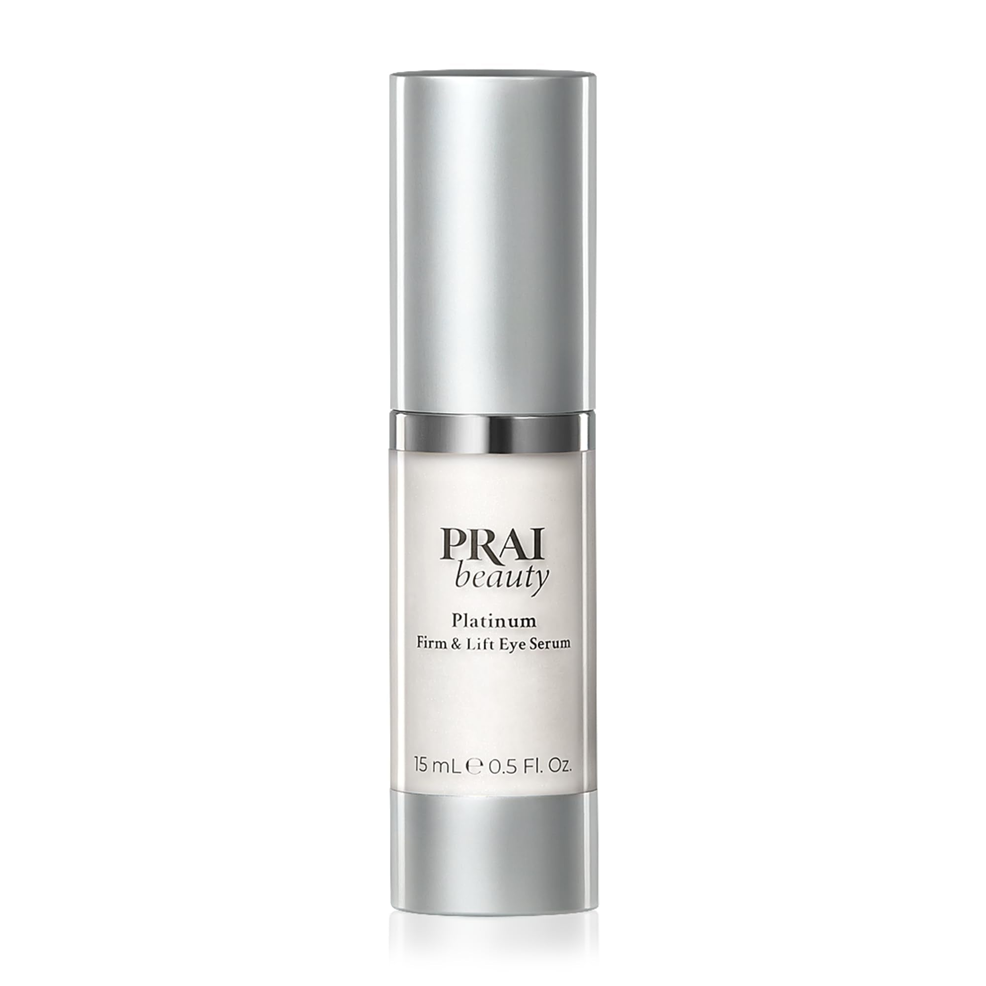 PRAI Beauty Platinum Firm and Lift Eye Serum bottle showcases premium firming formula for under-eye skin