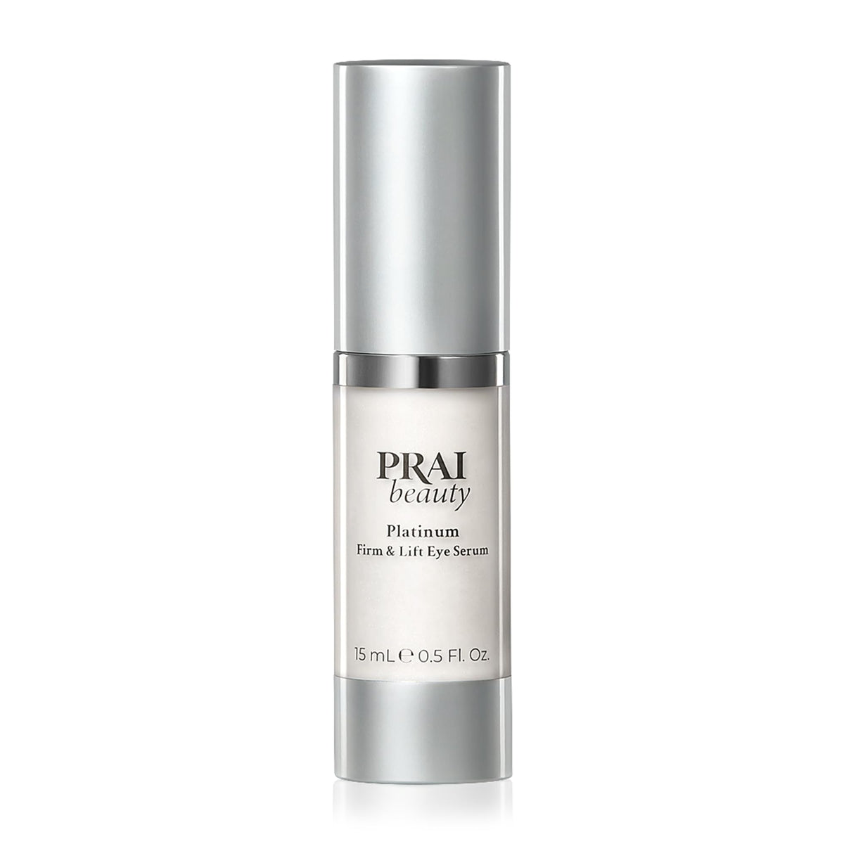 PRAI Beauty Platinum Firm and Lift Eye Serum bottle showcases premium firming formula for under-eye skin