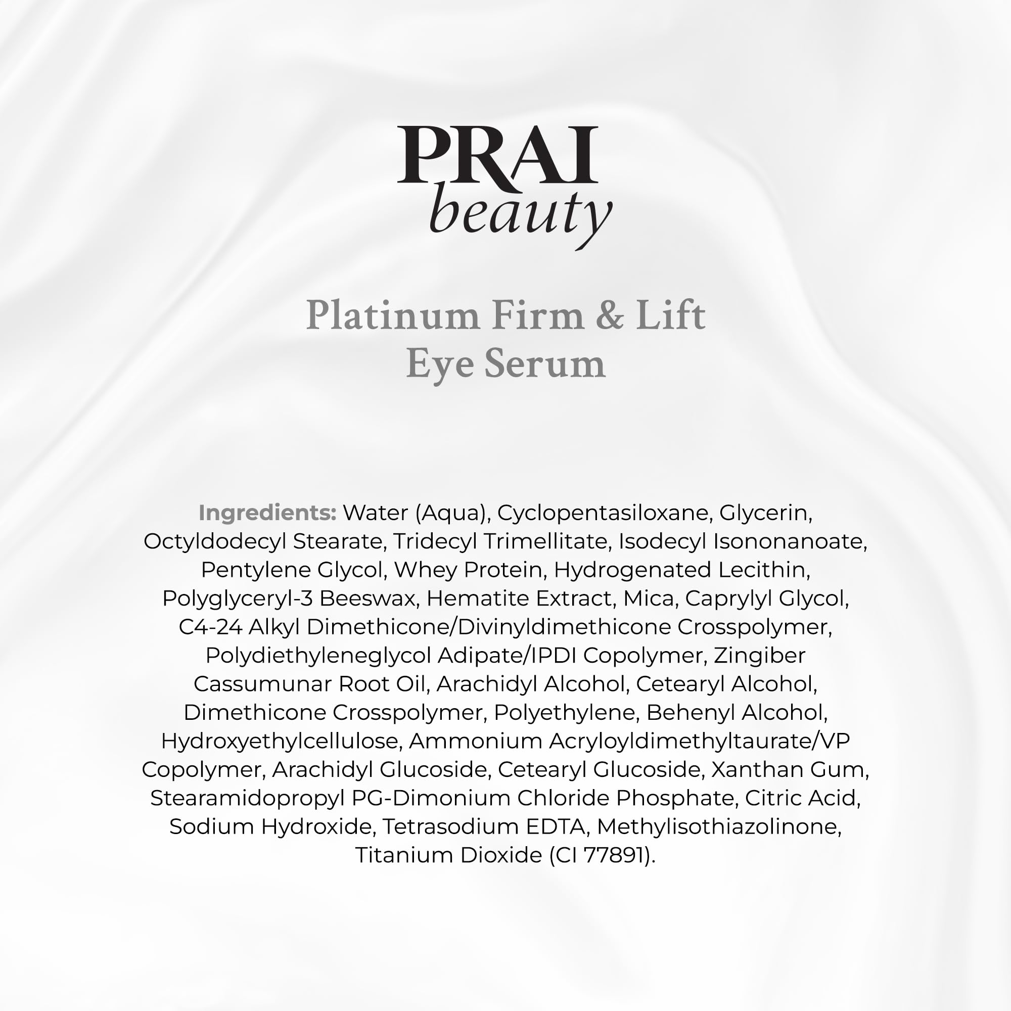 PRAI Beauty Platinum Firm and Lift Eye Serum packaging suggests premium, cruelty-free skincare