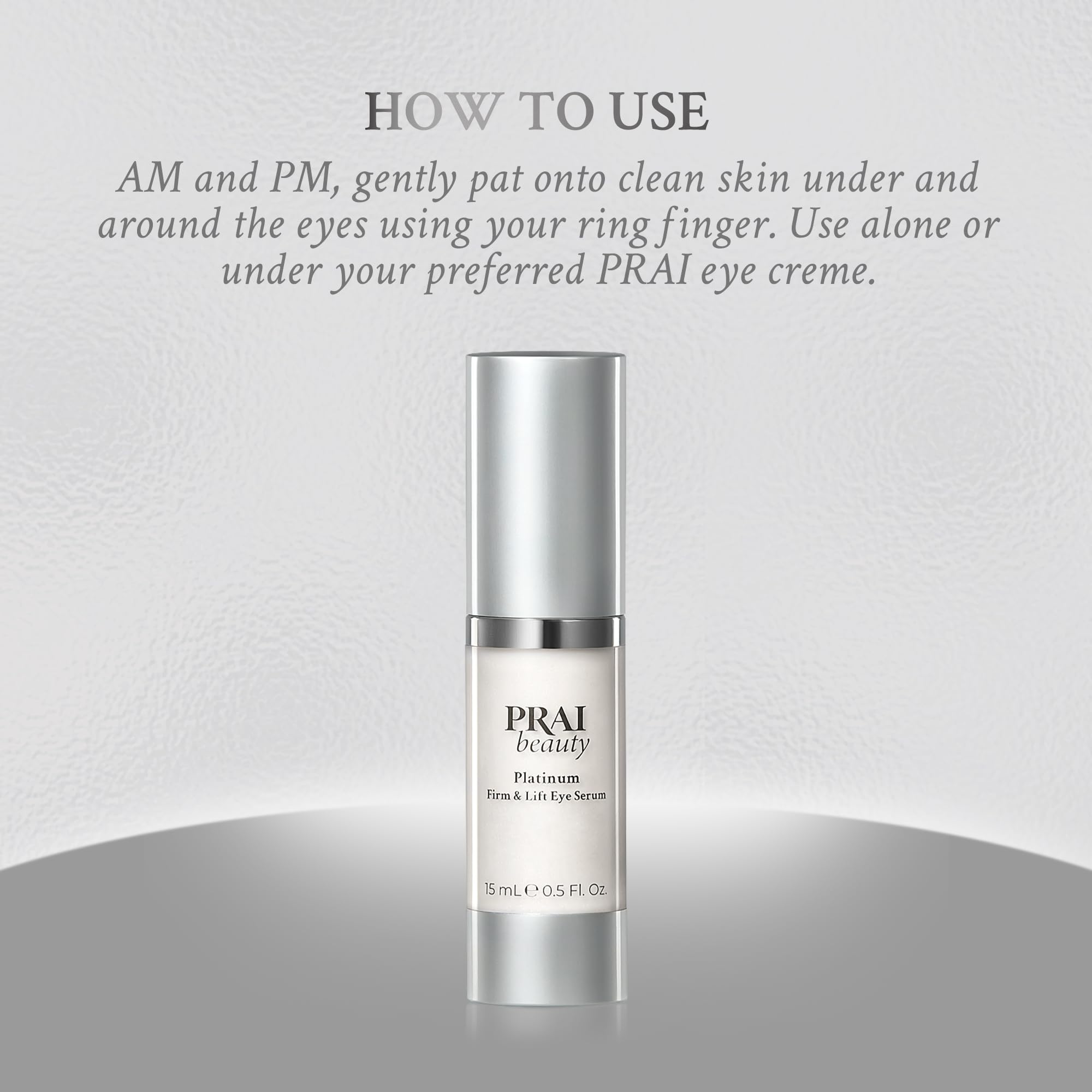 PRAI Beauty Platinum Firm and Lift Eye Serum close-up shows multi-peptide action for firming