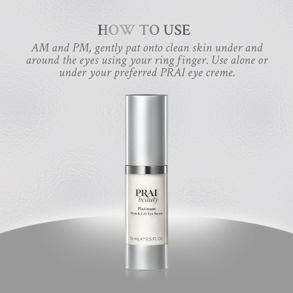 PRAI Beauty Platinum Firm and Lift Eye Serum close-up shows multi-peptide action for firming